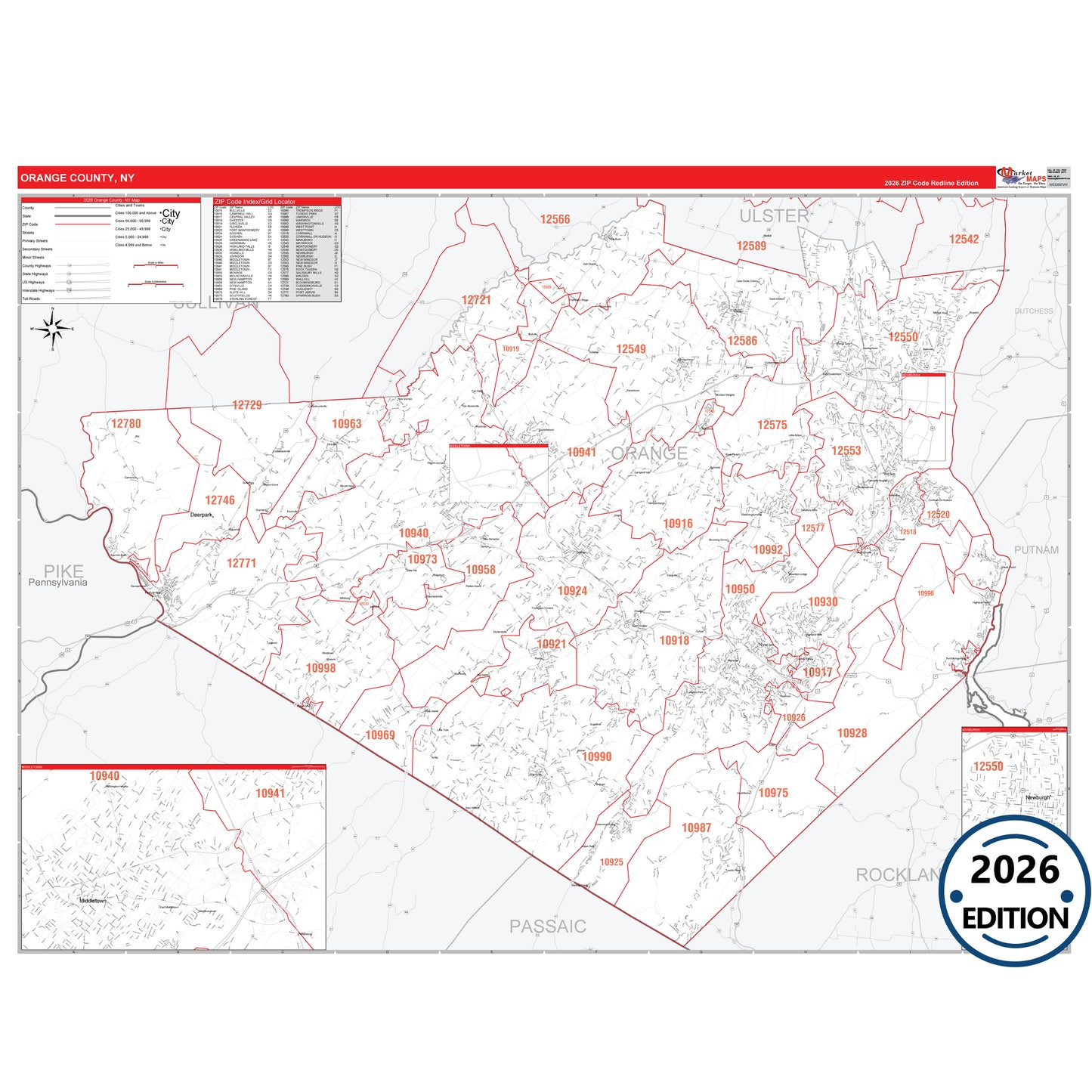 Orange County, NY Red Line 5 Digit ZIP Code Wall Map