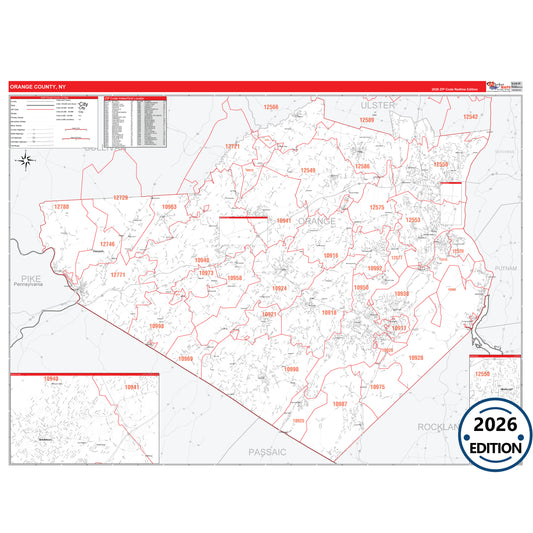 Orange County, NY Red Line 5 Digit ZIP Code Wall Map