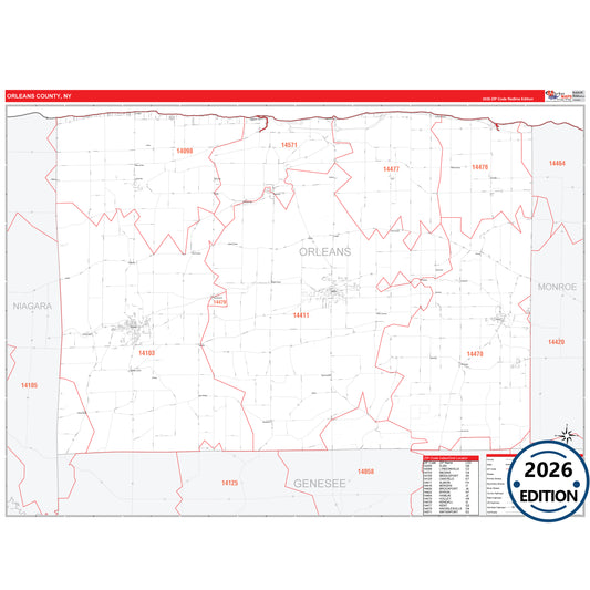 Orleans County, NY Red Line 5 Digit ZIP Code Wall Map