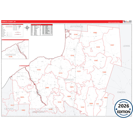Oswego County, NY Red Line 5 Digit ZIP Code Wall Map