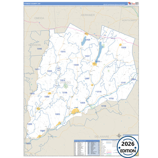 Otsego County, NY Business Reference 5 Digit ZIP Code Wall Map