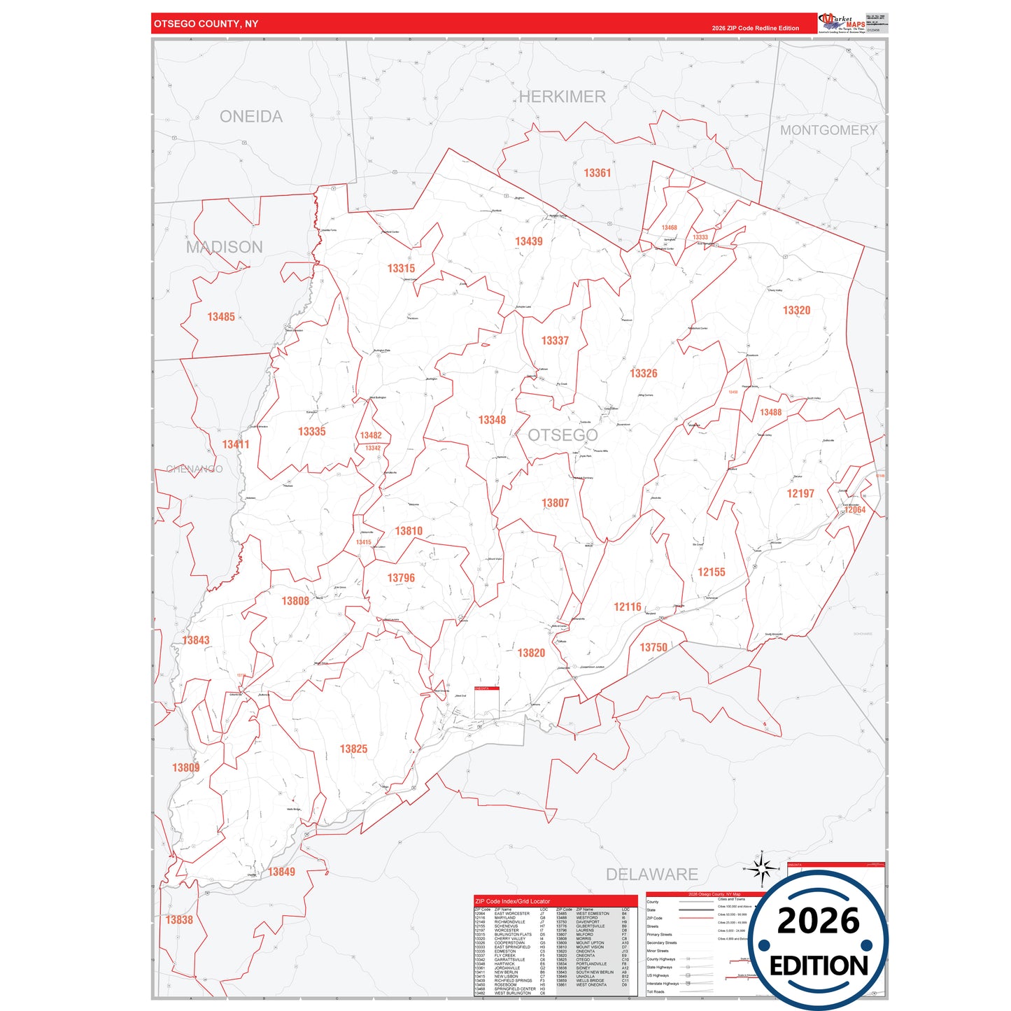 Otsego County, NY Red Line 5 Digit ZIP Code Wall Map