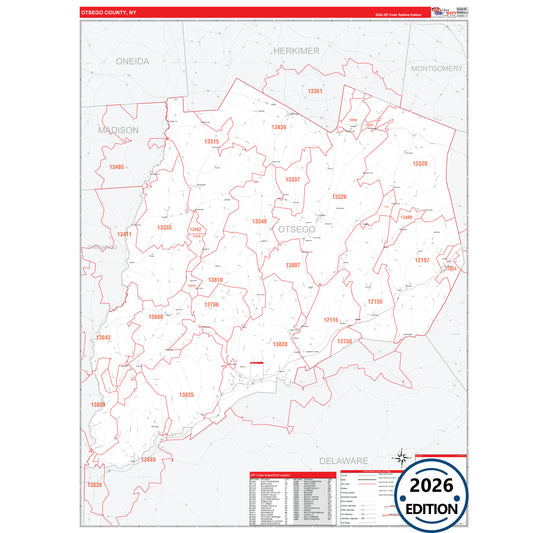 Otsego County, NY Red Line 5 Digit ZIP Code Wall Map