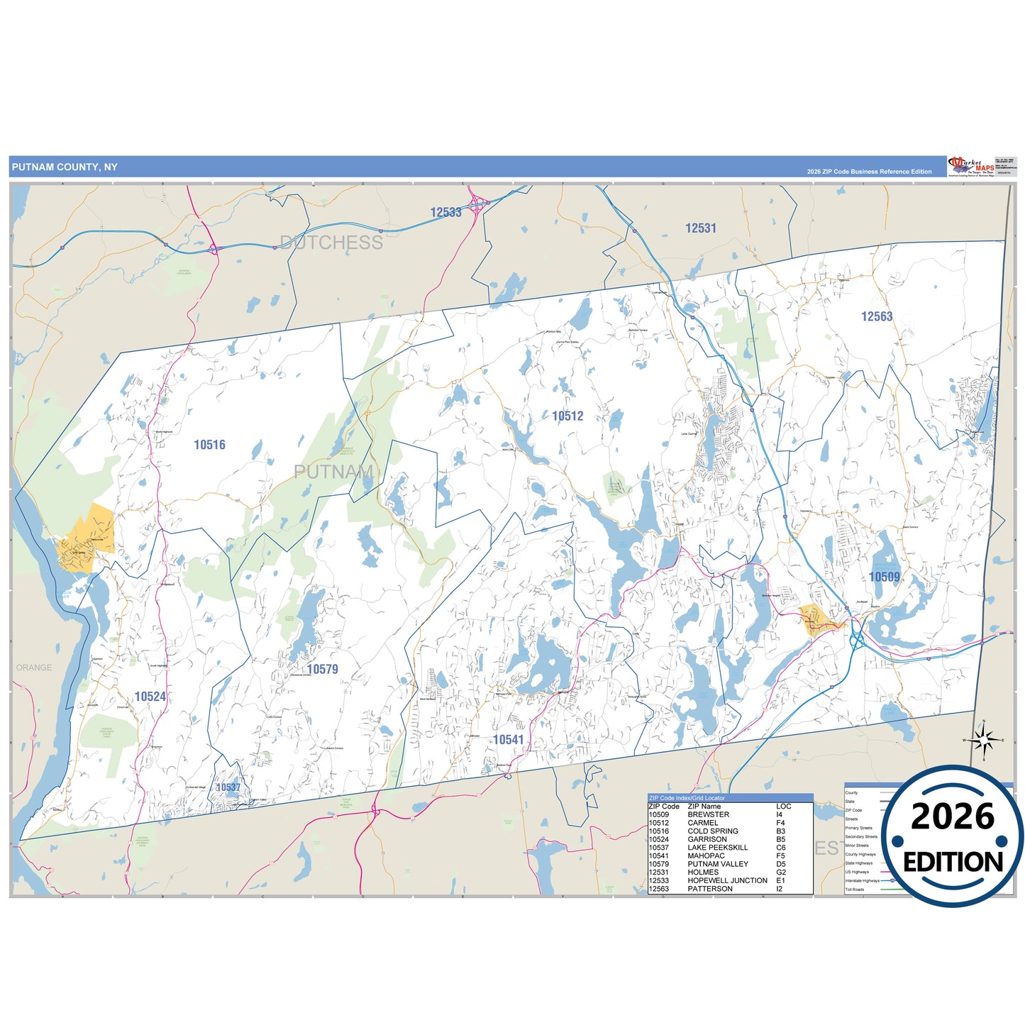 Putnam County, NY Business Reference 5 Digit ZIP Code Wall Map