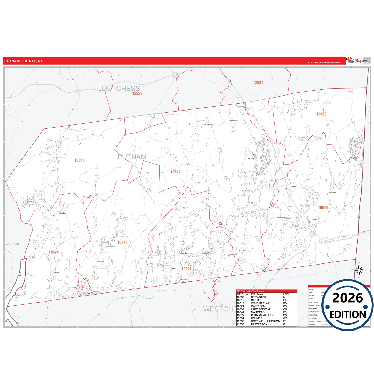 Putnam County, NY Red Line 5 Digit ZIP Code Wall Map