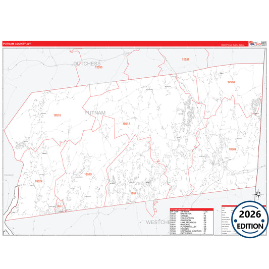 Putnam County, NY Red Line 5 Digit ZIP Code Wall Map