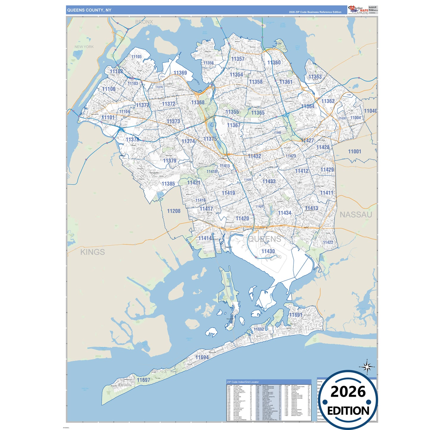 Queens County, NY Business Reference 5 Digit ZIP Code Wall Map