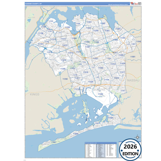 Queens County, NY Business Reference 5 Digit ZIP Code Wall Map