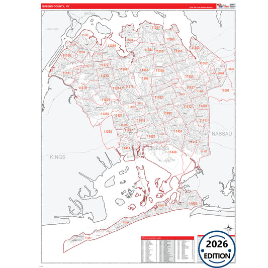Queens County, NY Red Line 5 Digit ZIP Code Wall Map