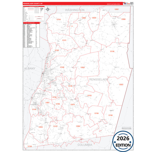 Rensselaer County, NY Red Line 5 Digit ZIP Code Wall Map