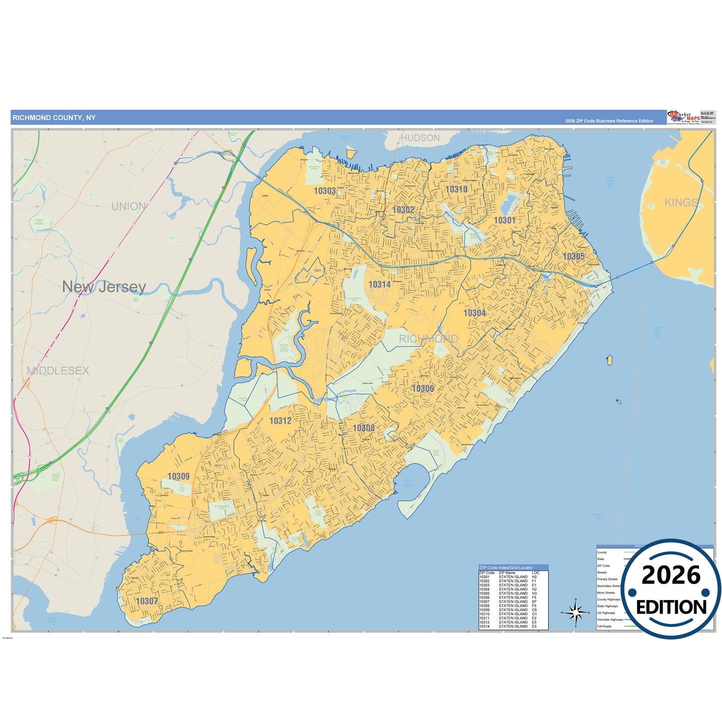 Richmond County, NY Business Reference 5 Digit ZIP Code Wall Map