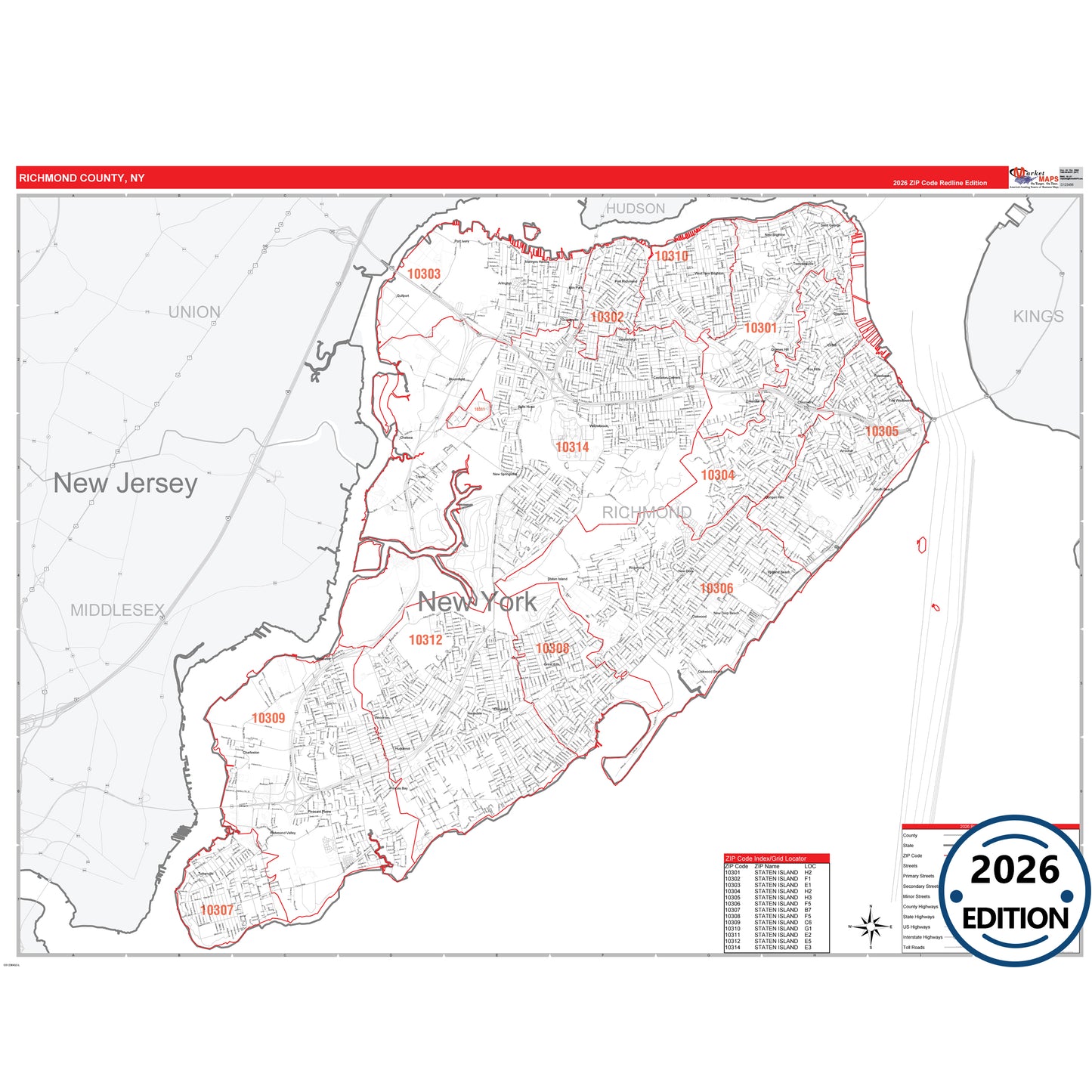 Richmond County, NY Red Line 5 Digit ZIP Code Wall Map