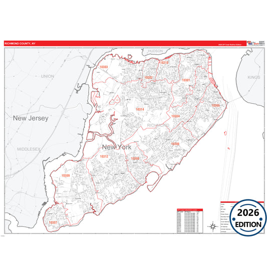Richmond County, NY Red Line 5 Digit ZIP Code Wall Map