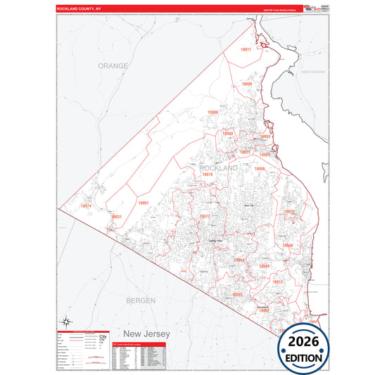 Rockland County, NY Red Line 5 Digit ZIP Code Wall Map