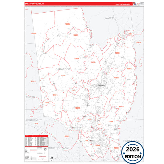 Saratoga County, NY Red Line 5 Digit ZIP Code Wall Map