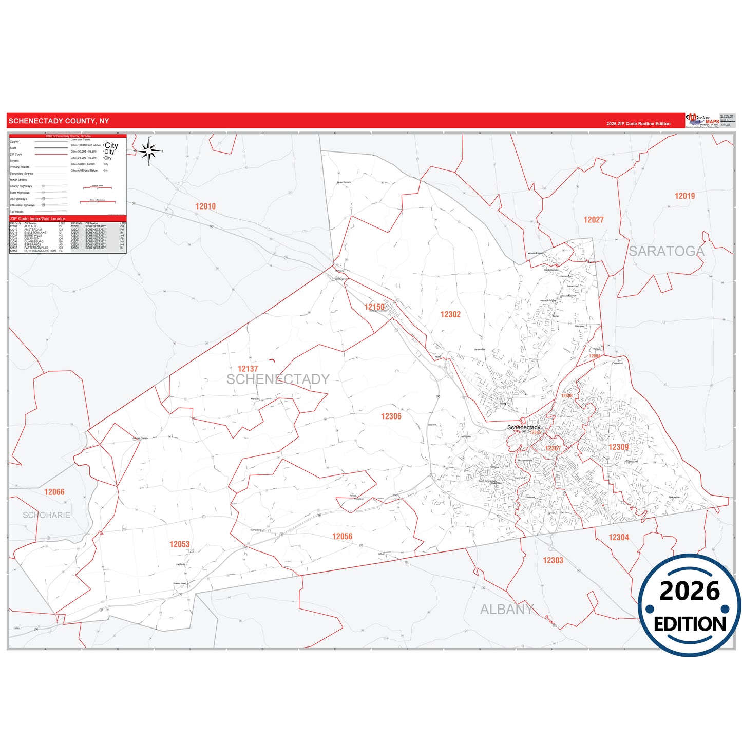 Schenectady County, NY Red Line 5 Digit ZIP Code Wall Map