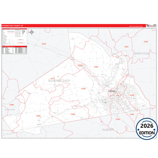 Schenectady County, NY Red Line 5 Digit ZIP Code Wall Map