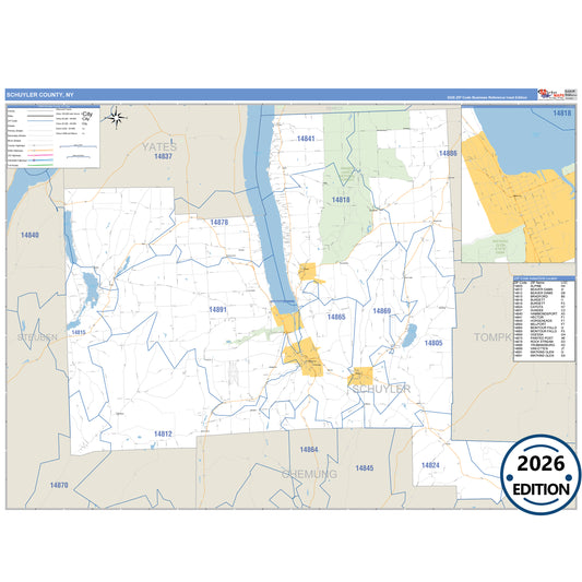 Schuyler County, NY Business Reference 5 Digit ZIP Code Wall Map