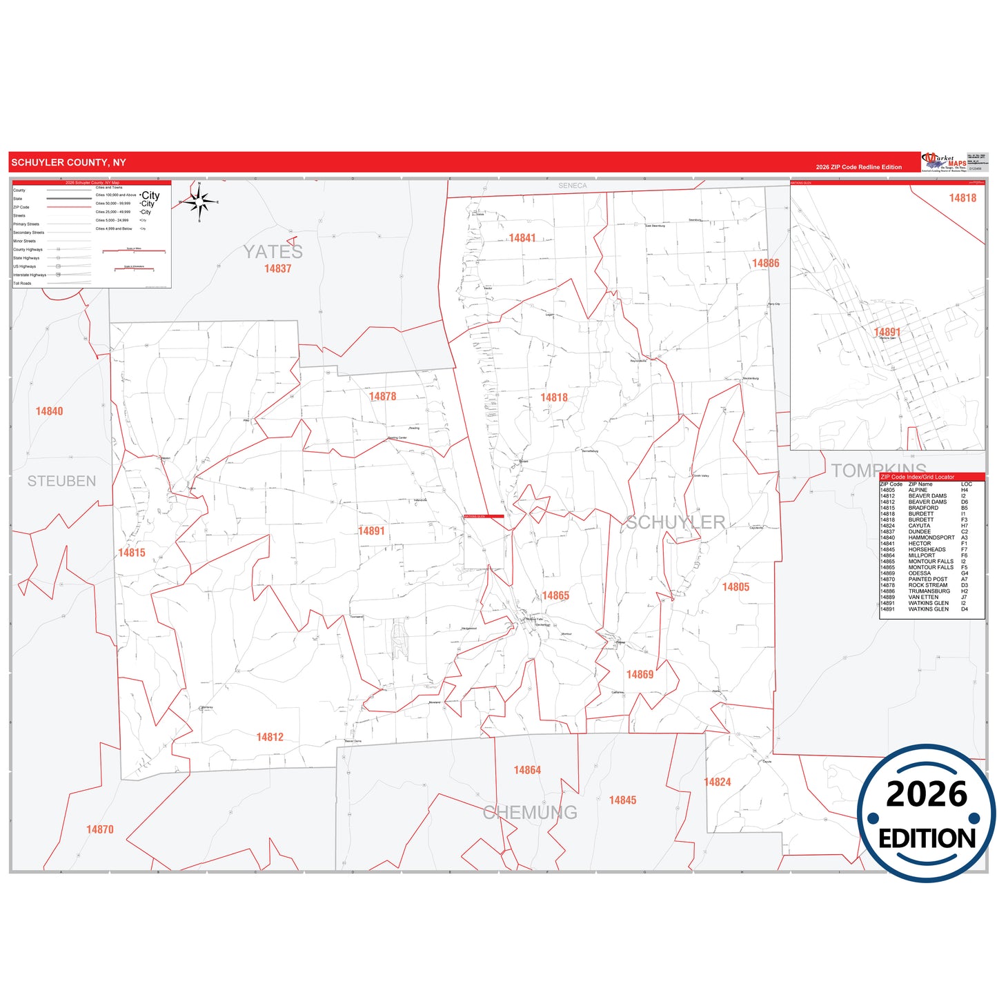 Schuyler County, NY Red Line 5 Digit ZIP Code Wall Map