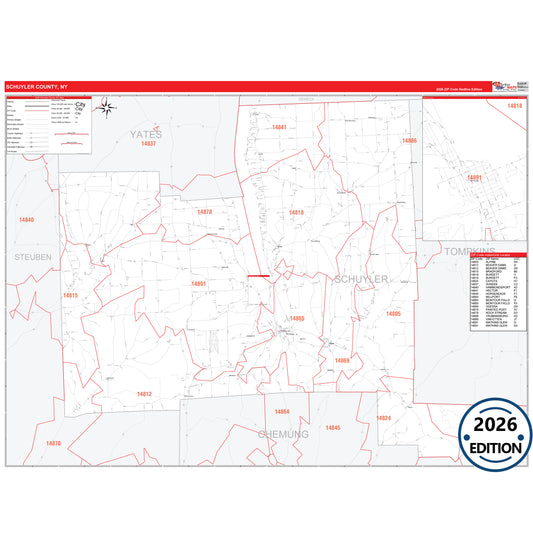 Schuyler County, NY Red Line 5 Digit ZIP Code Wall Map