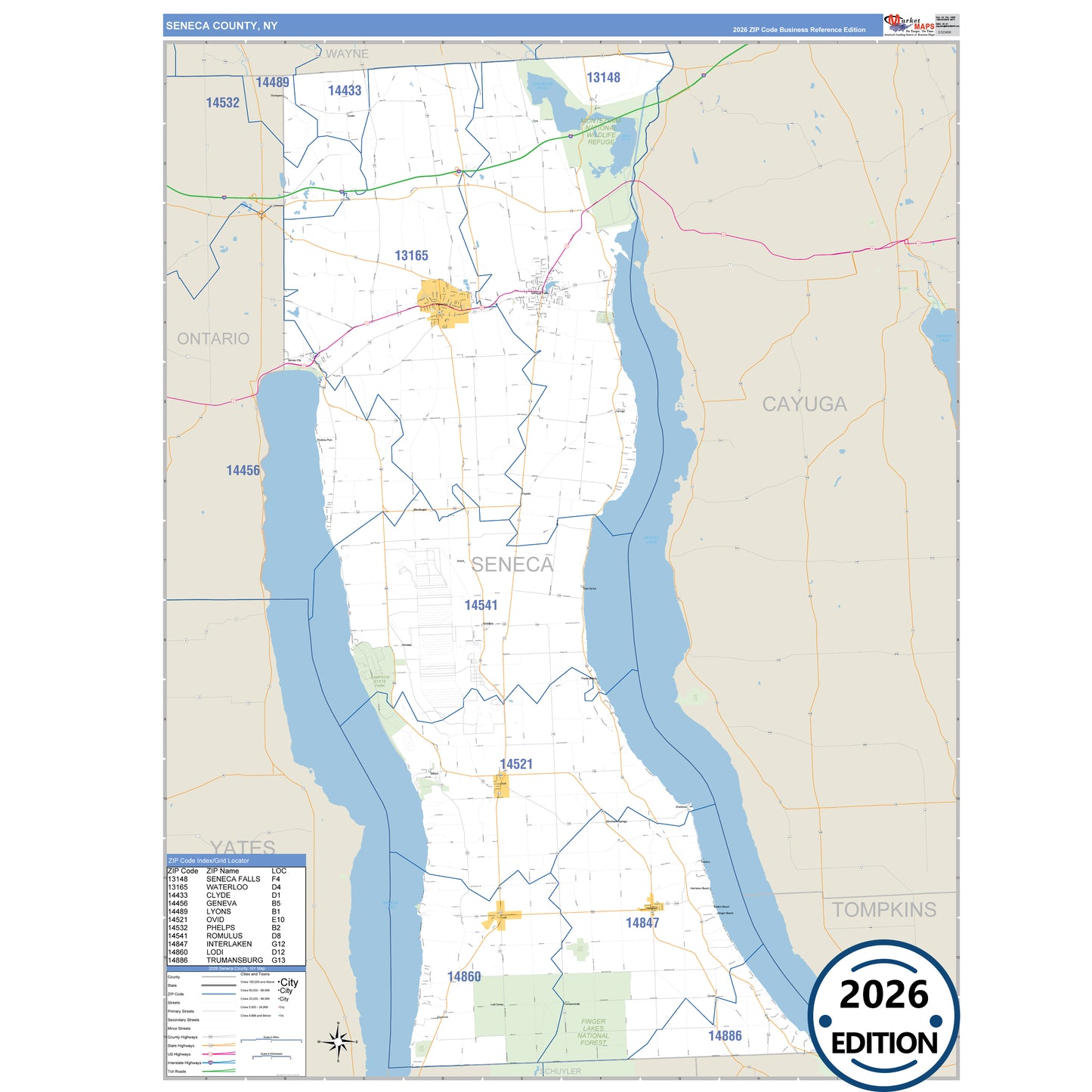 Seneca County, NY Business Reference 5 Digit ZIP Code Wall Map
