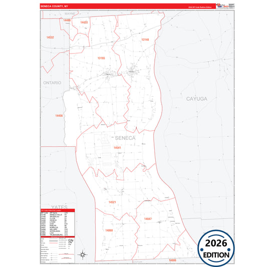 Seneca County, NY Red Line 5 Digit ZIP Code Wall Map