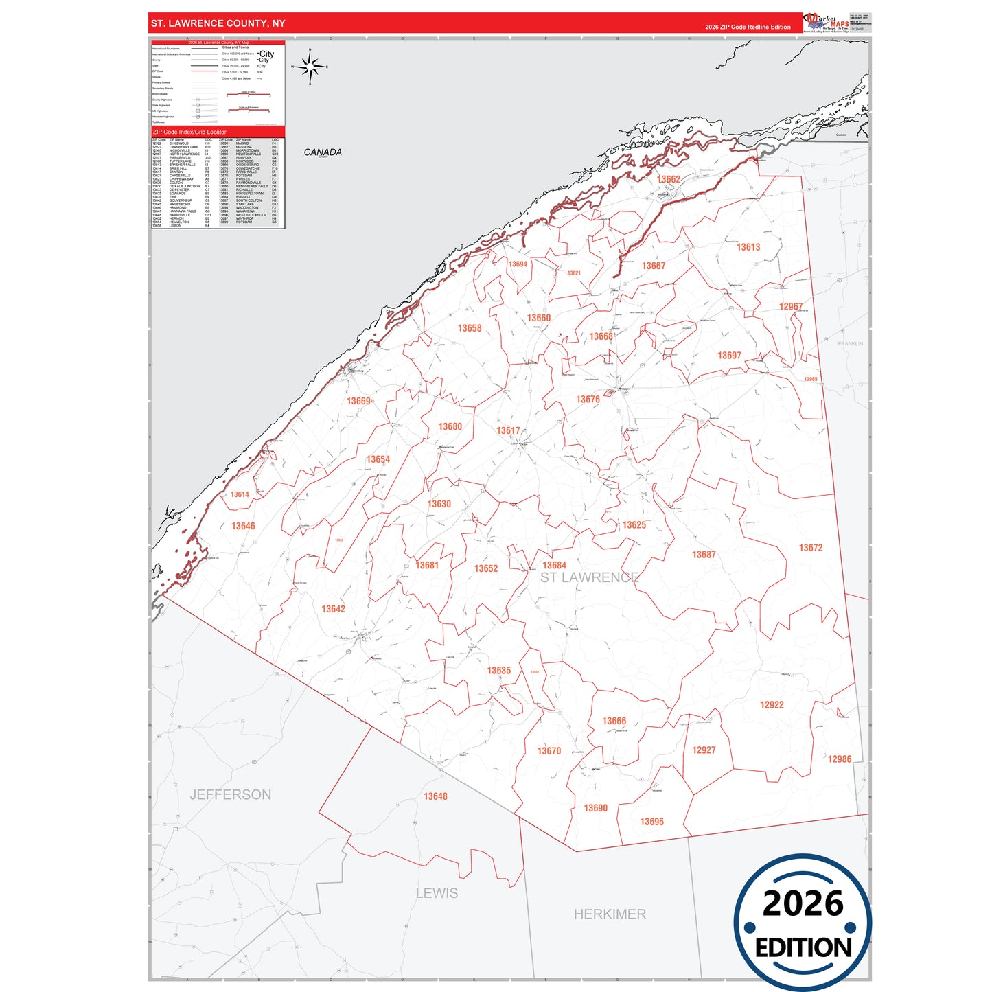 St. Lawrence County, NY Red Line 5 Digit ZIP Code Wall Map