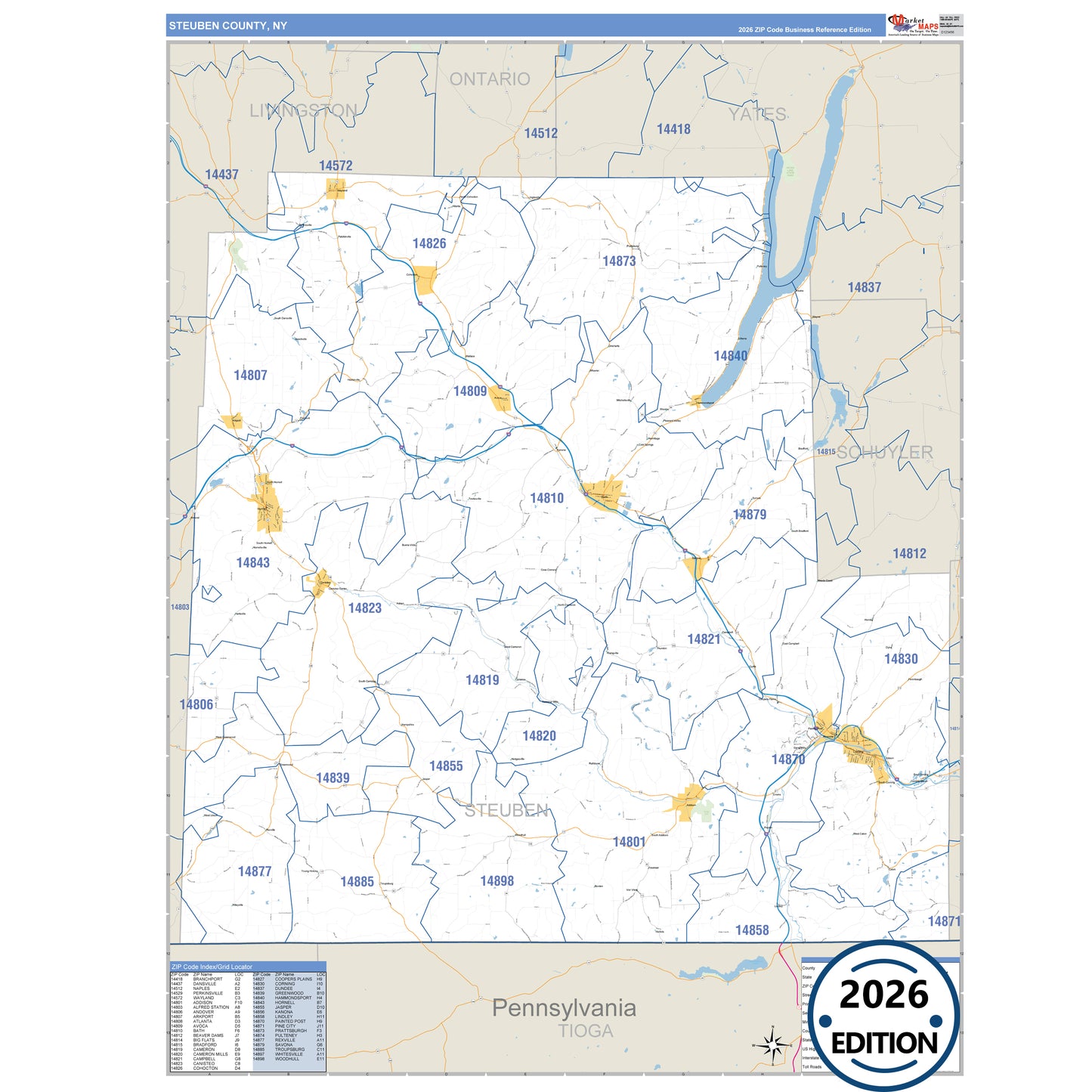 Steuben County, NY Business Reference 5 Digit ZIP Code Wall Map