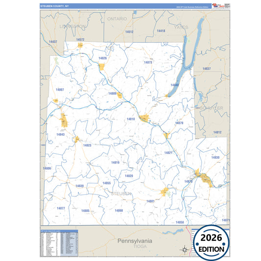 Steuben County, NY Business Reference 5 Digit ZIP Code Wall Map