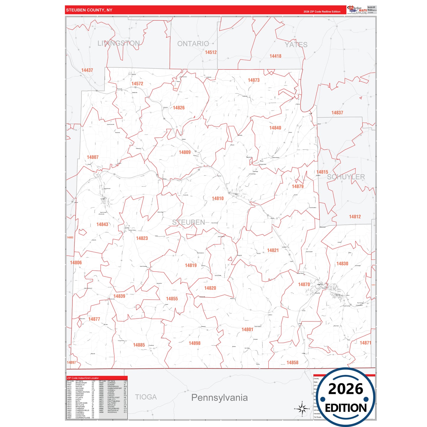 Steuben County, NY Red Line 5 Digit ZIP Code Wall Map
