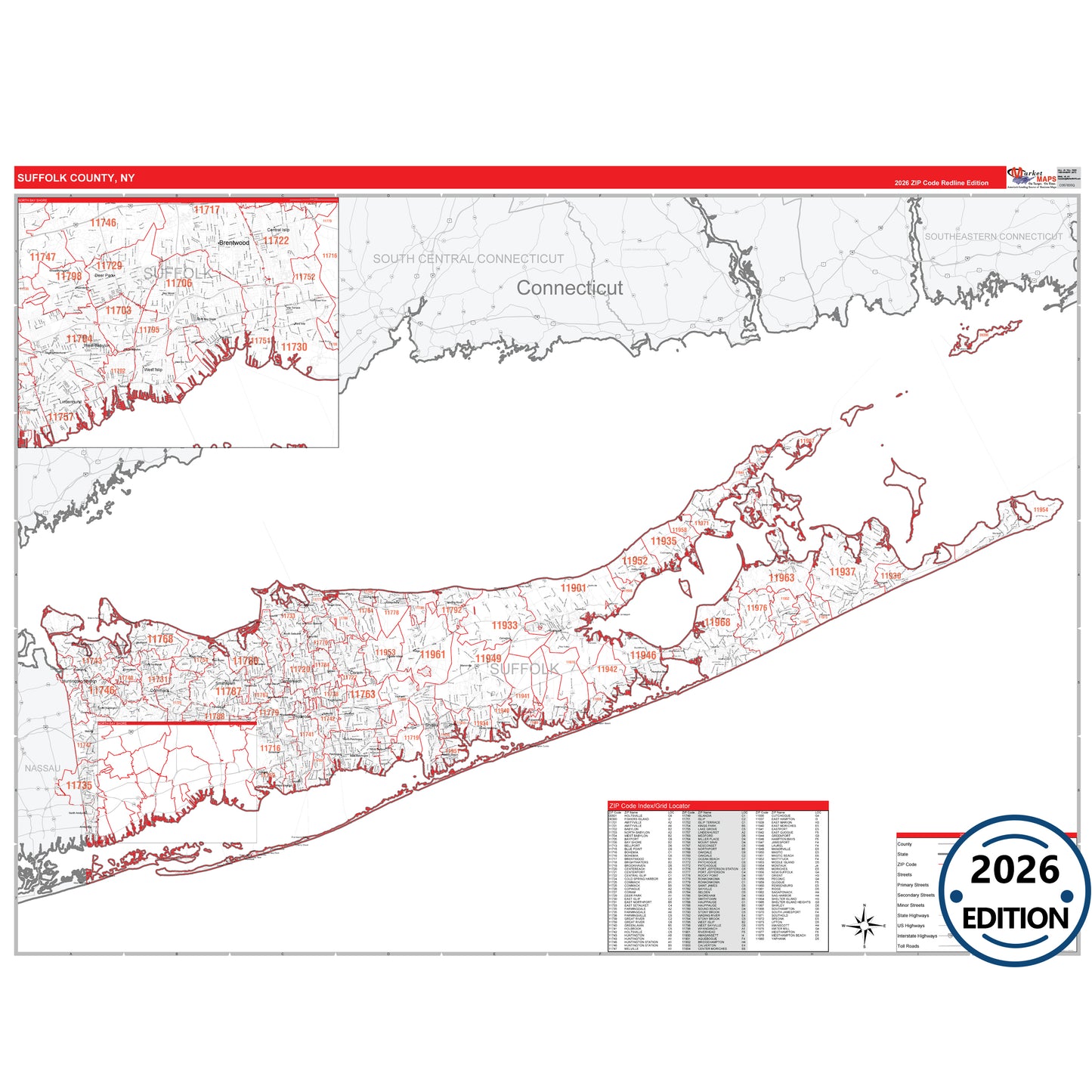 Suffolk County, NY Red Line 5 Digit ZIP Code Wall Map