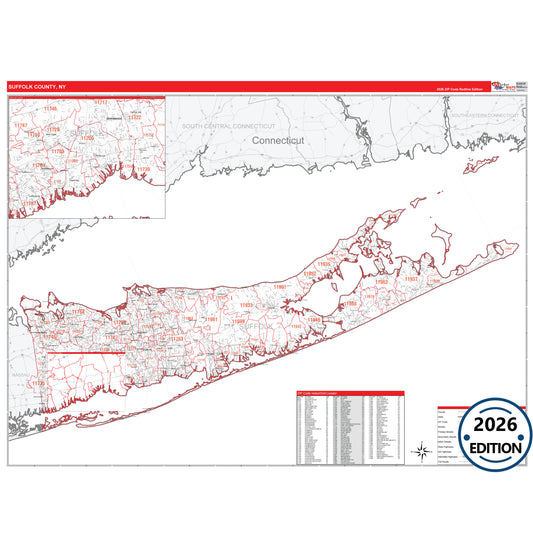 Suffolk County, NY Red Line 5 Digit ZIP Code Wall Map