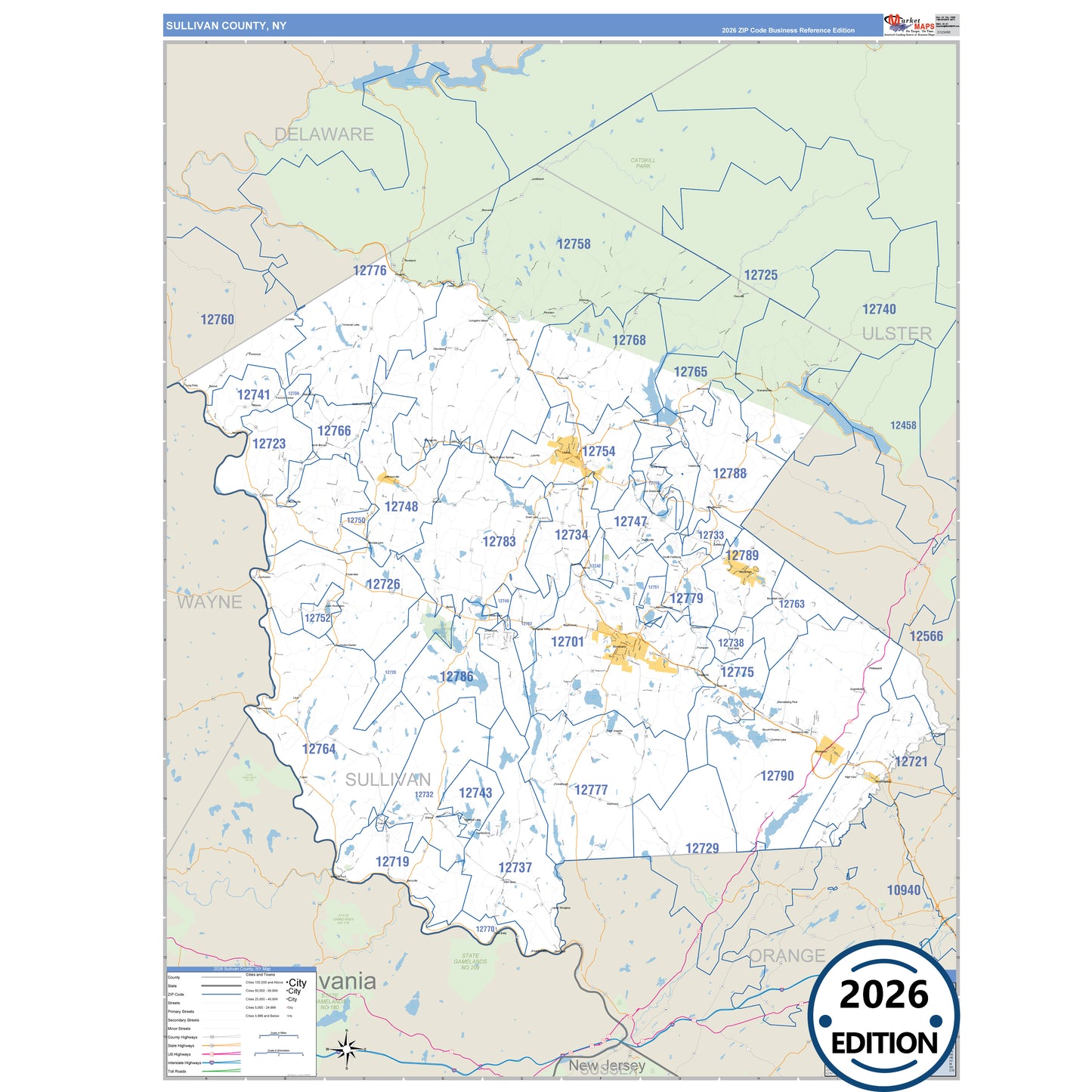 Sullivan County, NY Business Reference 5 Digit ZIP Code Wall Map