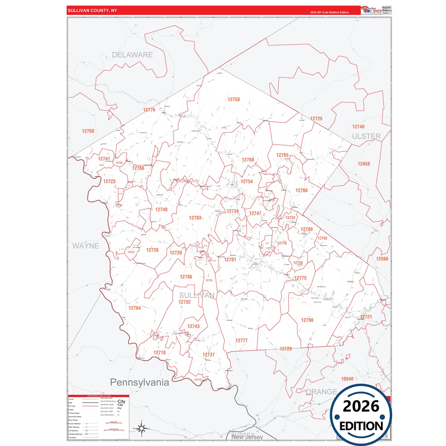 Sullivan County, NY Red Line 5 Digit ZIP Code Wall Map