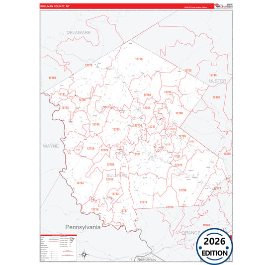 Sullivan County, NY Red Line 5 Digit ZIP Code Wall Map