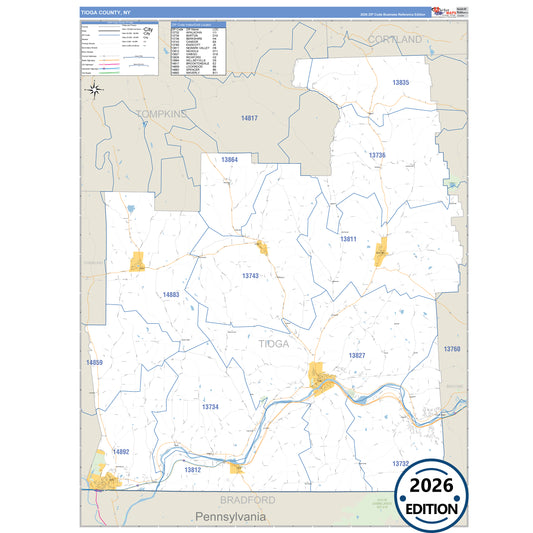 Tioga County, NY Business Reference 5 Digit ZIP Code Wall Map