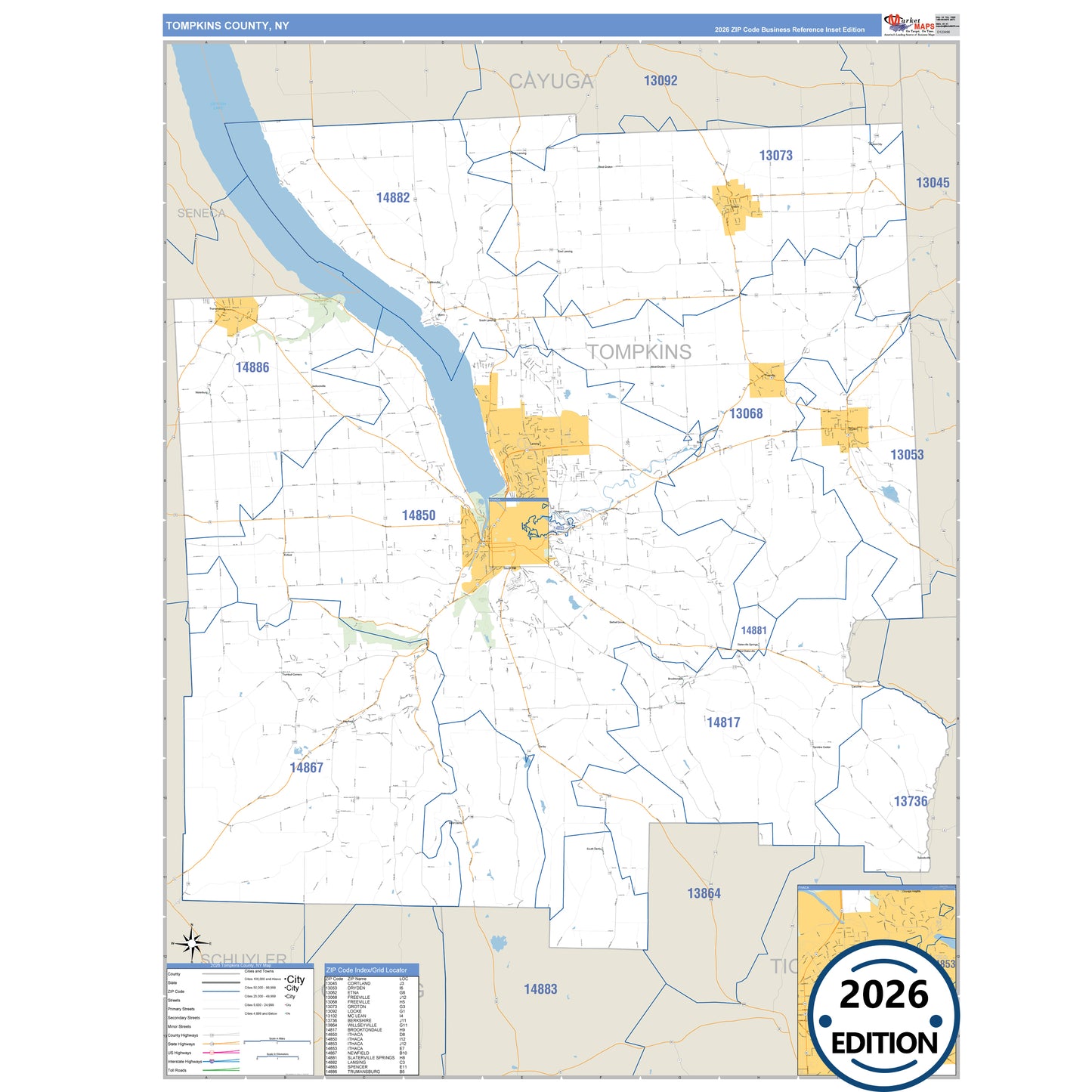 Tompkins County, NY Business Reference 5 Digit ZIP Code Wall Map