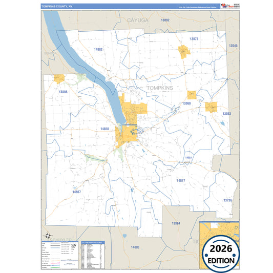Tompkins County, NY Business Reference 5 Digit ZIP Code Wall Map