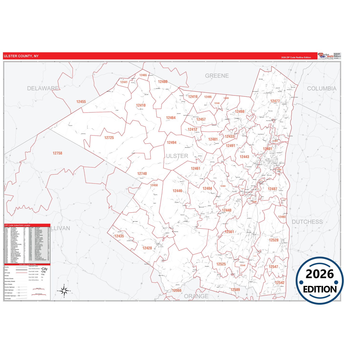 Ulster County, NY Red Line 5 Digit ZIP Code Wall Map