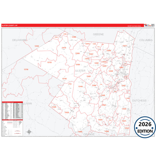 Ulster County, NY Red Line 5 Digit ZIP Code Wall Map