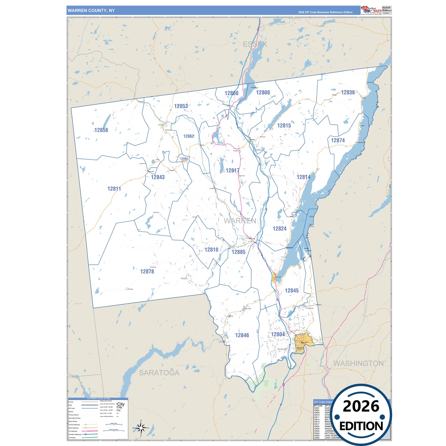 Warren County, NY Business Reference 5 Digit ZIP Code Wall Map
