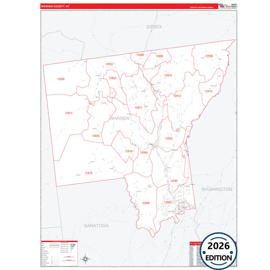 Warren County, NY Red Line 5 Digit ZIP Code Wall Map