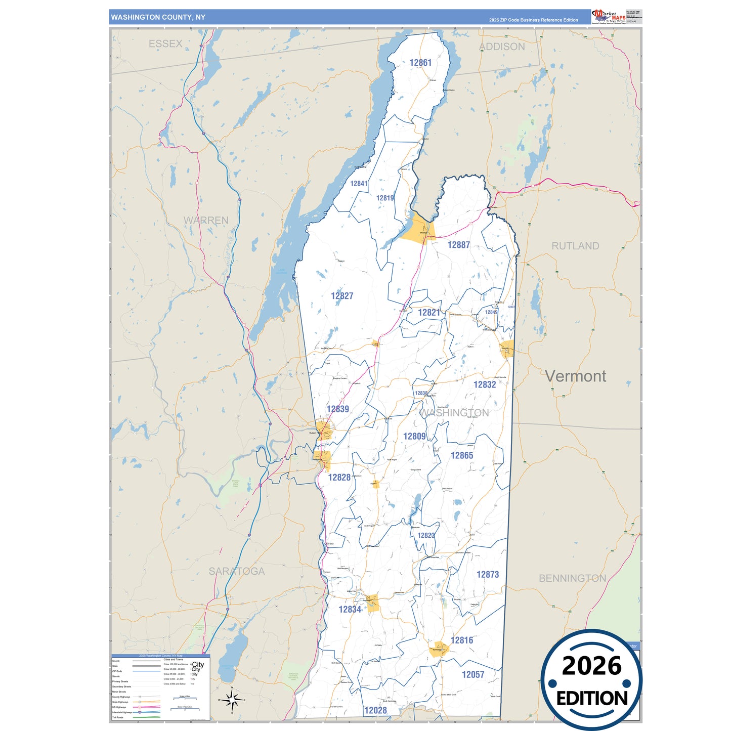 Washington County, NY Business Reference 5 Digit ZIP Code Wall Map