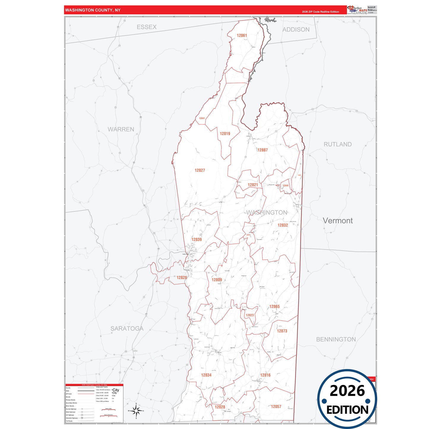 Washington County, NY Red Line 5 Digit ZIP Code Wall Map