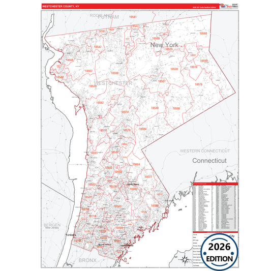 Westchester County, NY Red Line 5 Digit ZIP Code Wall Map