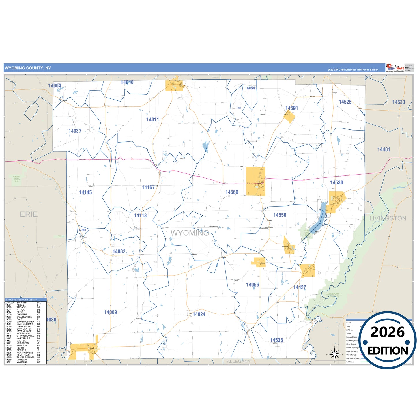 Wyoming County, NY Business Reference 5 Digit ZIP Code Wall Map