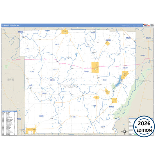 Wyoming County, NY Business Reference 5 Digit ZIP Code Wall Map