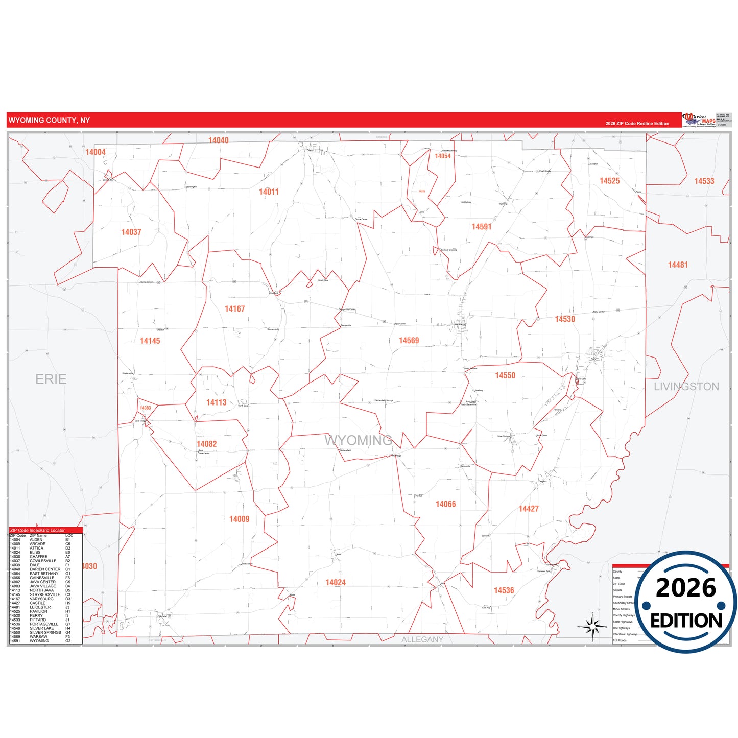 Wyoming County, NY Red Line 5 Digit ZIP Code Wall Map