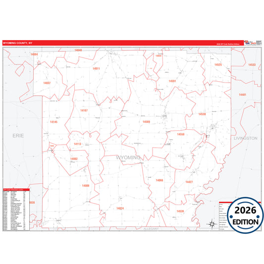 Wyoming County, NY Red Line 5 Digit ZIP Code Wall Map