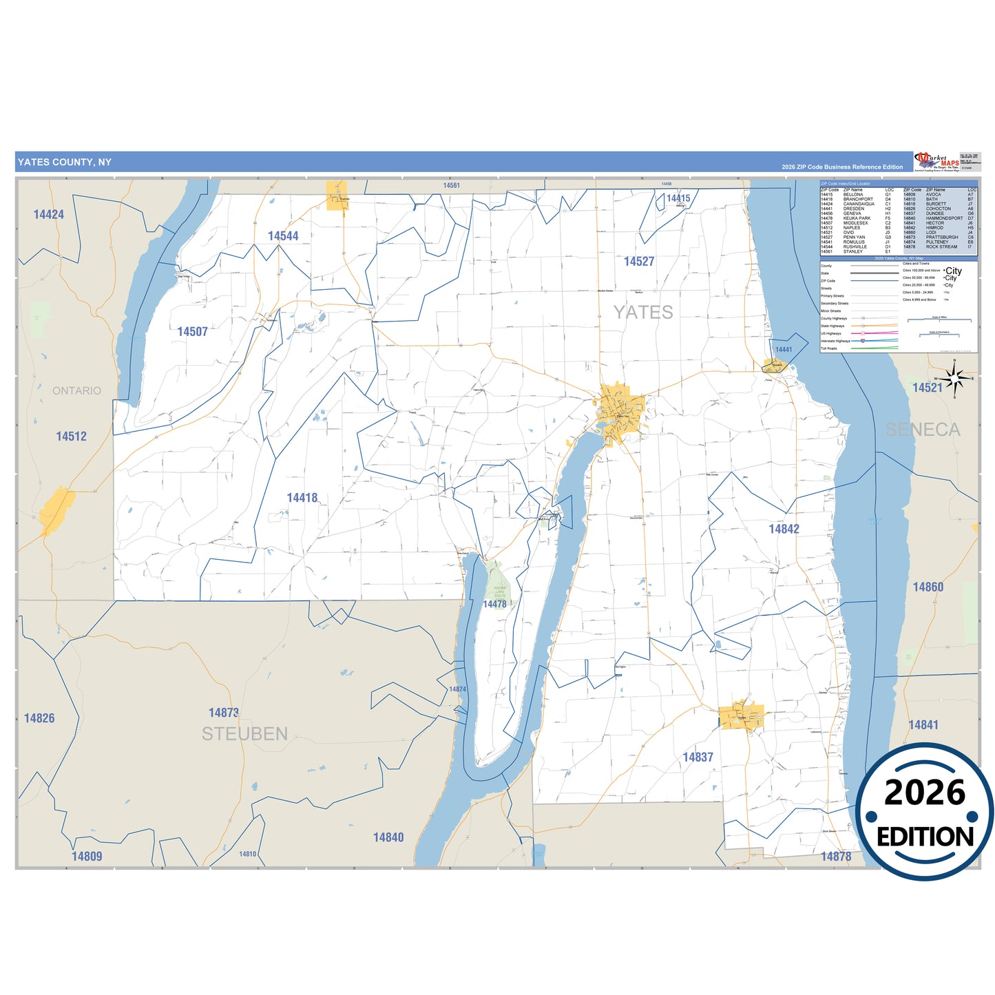 Yates County, NY Business Reference 5 Digit ZIP Code Wall Map